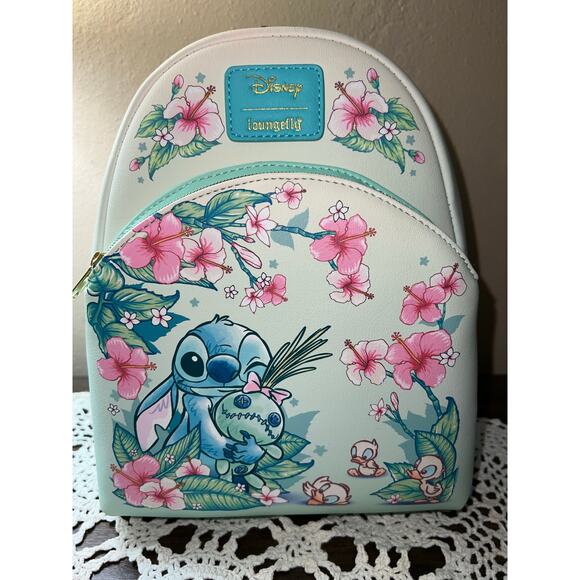 Loungefly Floral Stitch Scrump Green Mini Backpack Wallet - Picture 2 of 10